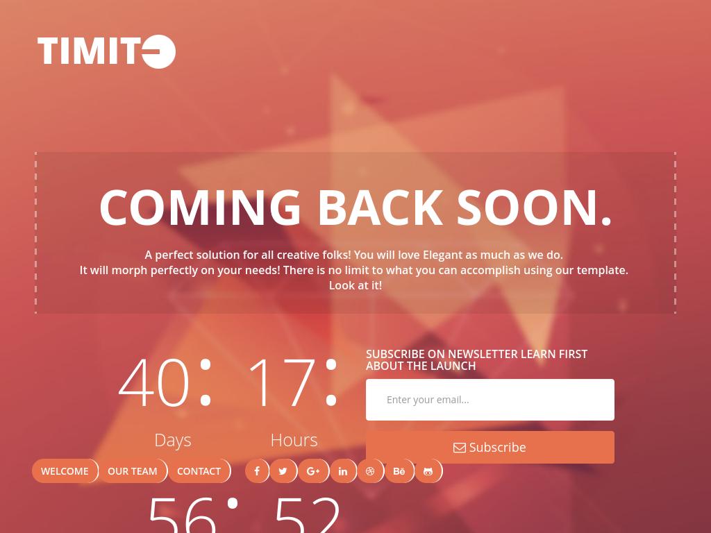 Страница заглушка Coming Soon на адаптивной вёрстке Bootstrap 3, красно оранжевый дизайн, HTML5 responsive template.