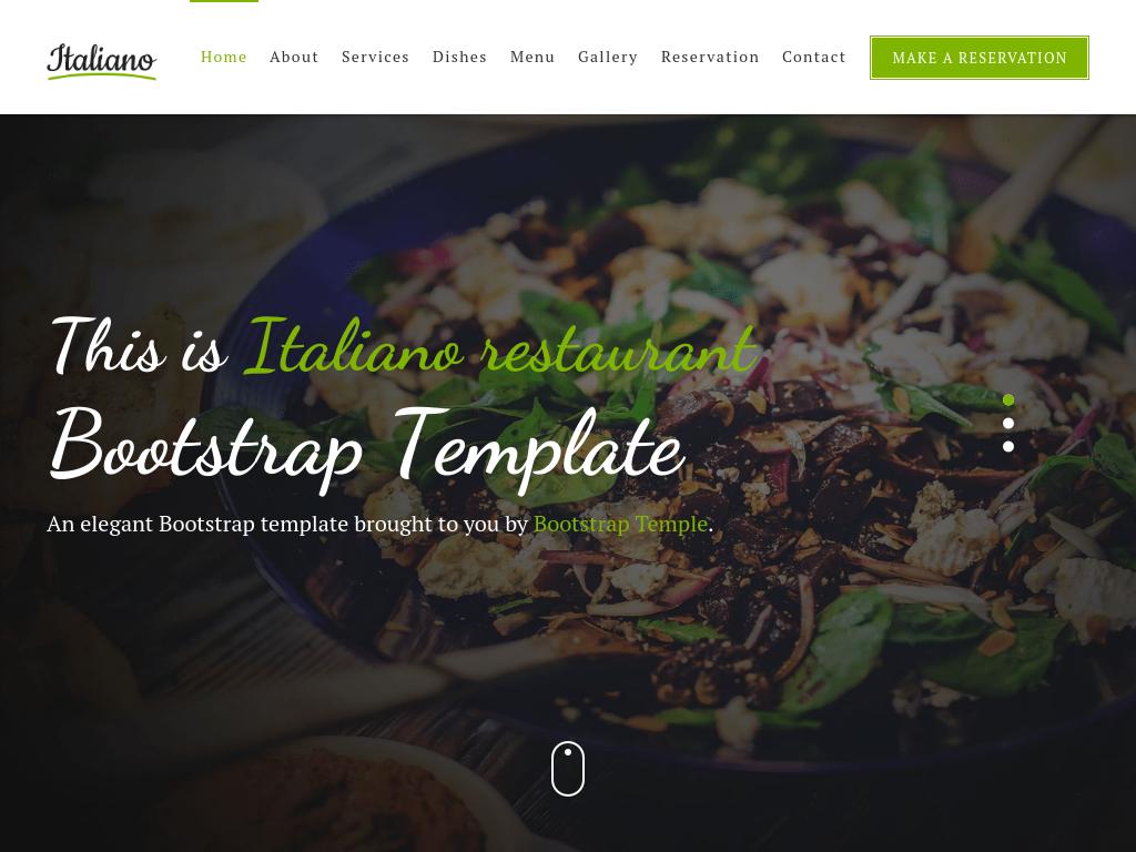 Одностраничный шаблон итальянского сайта ресторана, HTML вёрстка Bootstrap3, используемые плагины: datepicker, lightbox, owl carousel, slitslider, validate, timepicki.