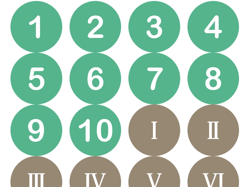 Иконки номеров, от одного до десяти и от 10 до 100 с десятичной последовательностью, фон иконок зелёного и коричневого цветов.