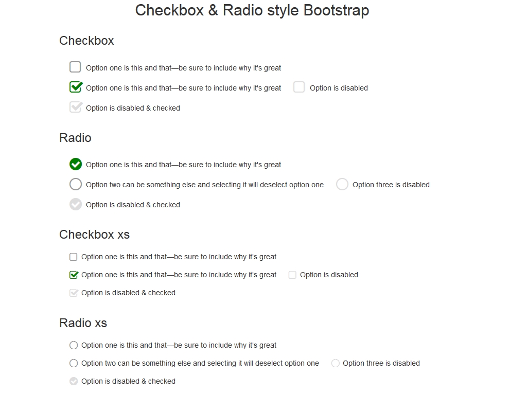 Стильные элементы Checkbox и Radio, замена базовых элементов фреймворка Bootstrap на более привлекательные с иконками, по умолчанию используется зелёный цвет который можно изменить при необходимости.