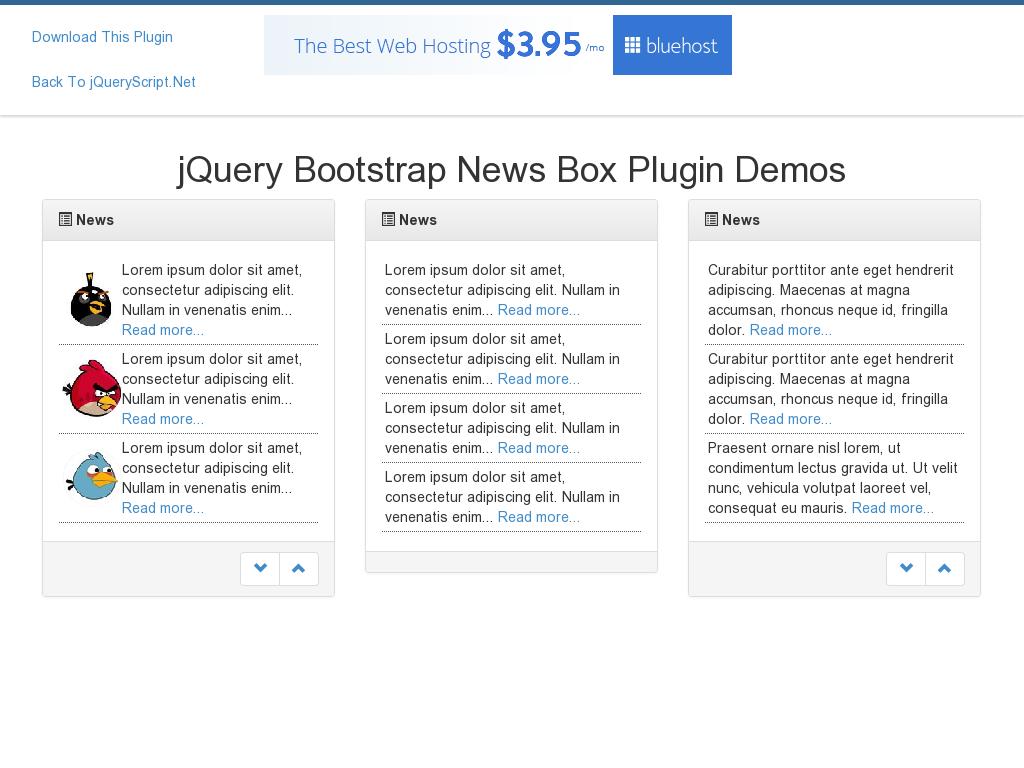 Плагин для создания адаптивной новостной ленты информера на сайте с подключенными jQuery и Bootstrap 3, предлагается готовое демо для установки.