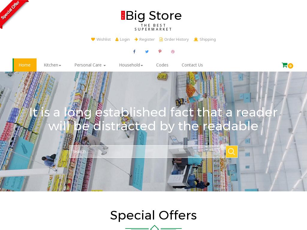 Адаптивный шаблон магазина супермаркета для сайта, сделано 15 готовых HTML страниц для разработки, применяется отзывчивая вёрстка Bootstrap 3.