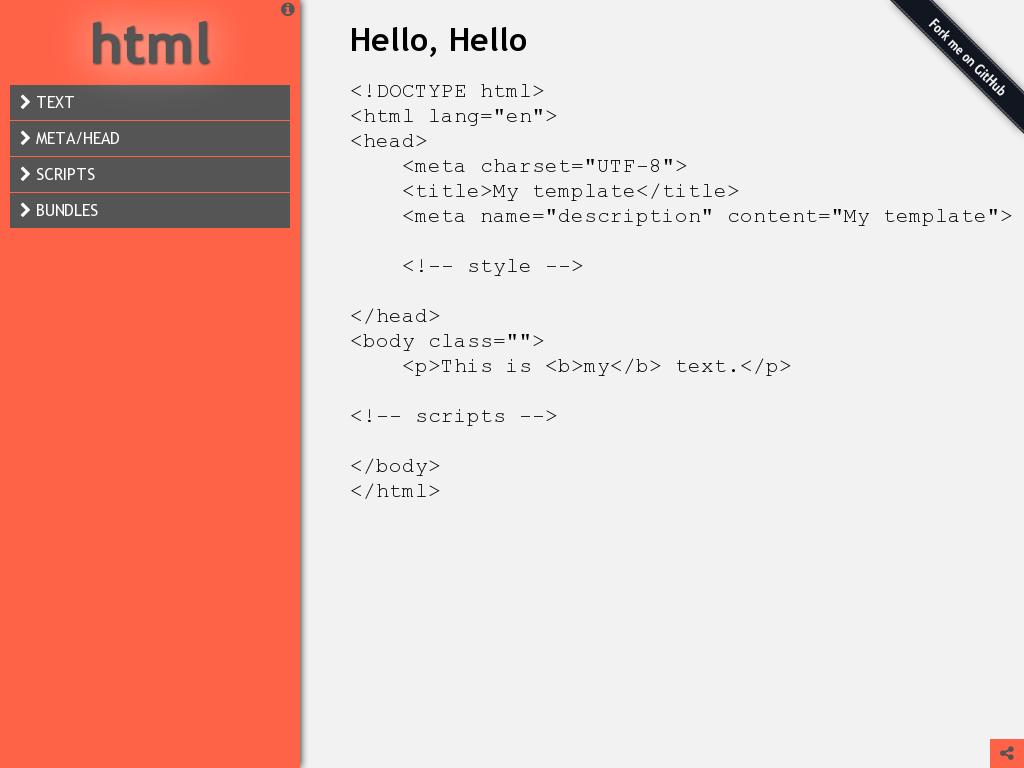 Генератор HTML кода страницы заготовки, быстрое добавление библиотек, CSS и JS файлов включая Bootstrap, предлагаются исходники генератора для индивидуального использования.