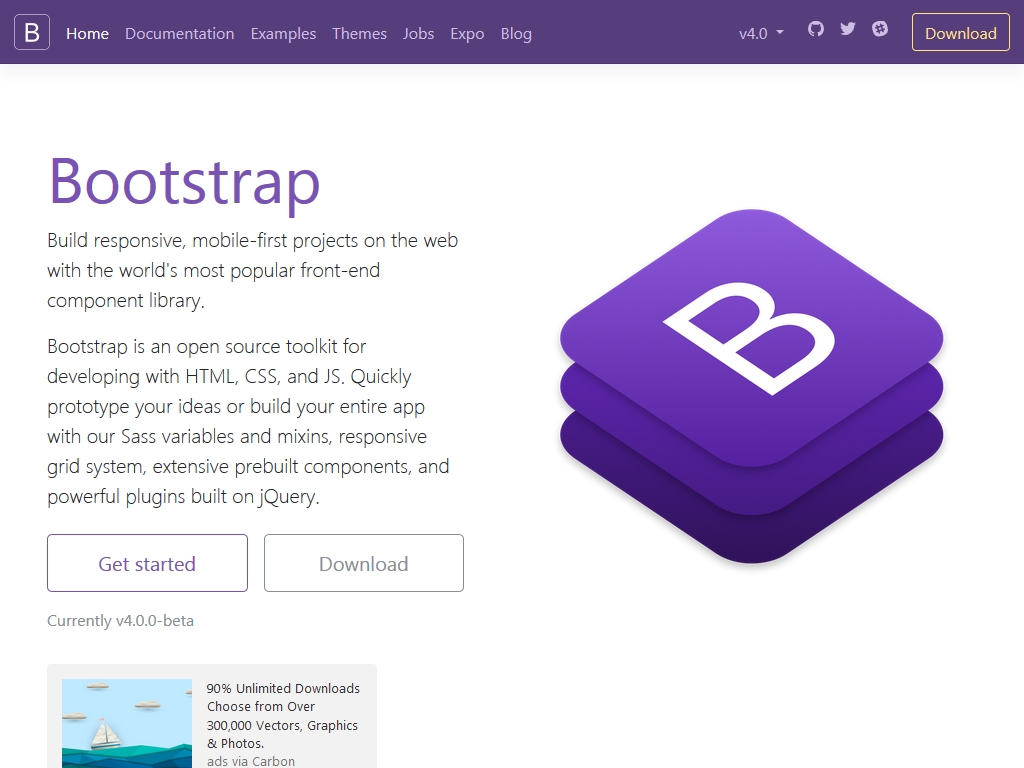 Финальная линейка фреймворка Bootstrap 4 в виде Beta версии с применением Flexbox разметки, предлагаются CDN файлы и ссылка на источник обновления.