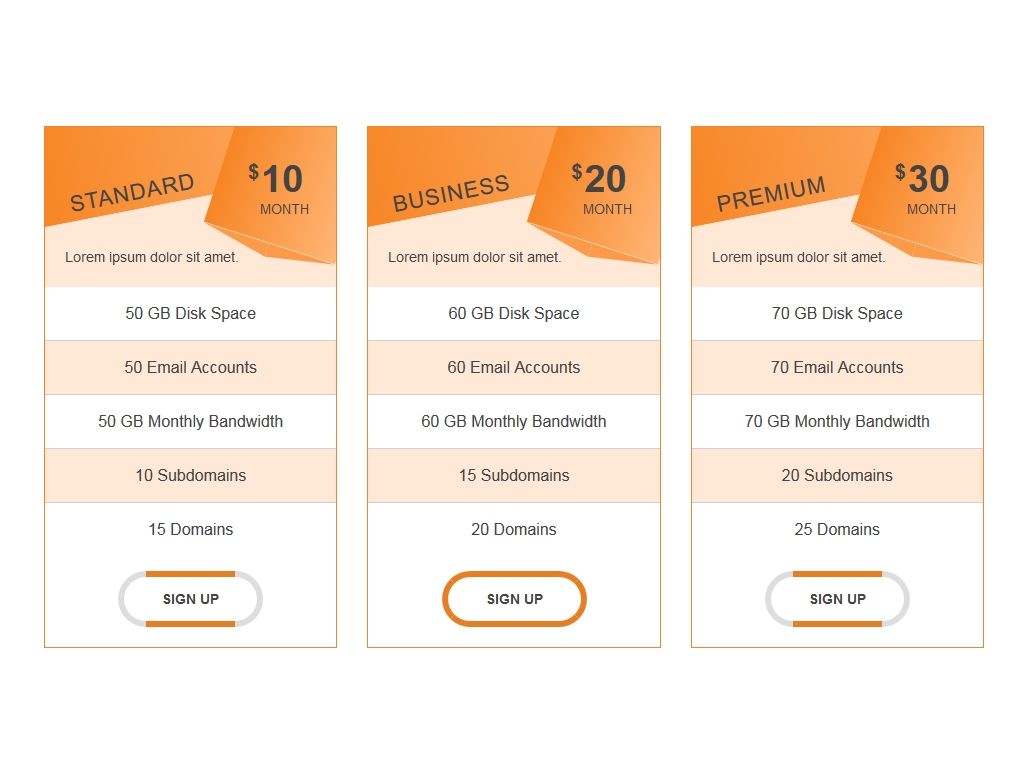 Набор из 3 таблиц прайсов с оригинальным оранжевым дизайном, используется только CSS и HTML, адаптивность придаёт применение Bootstrap.