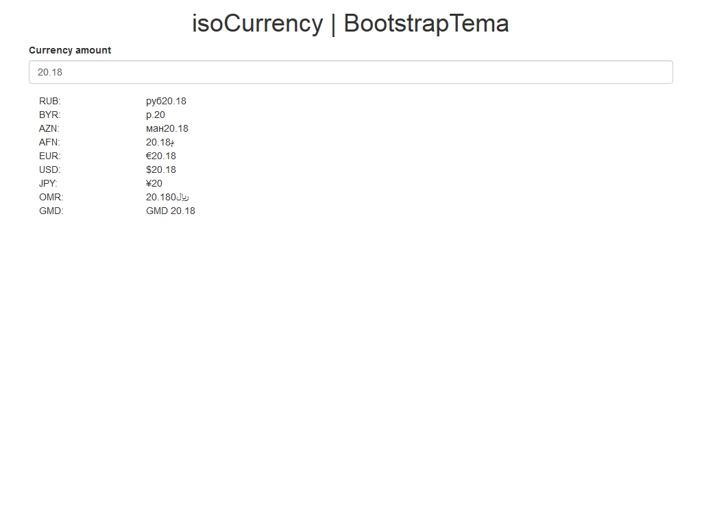 Фильтр AngularJS, который извлекает символы валюты в соответствии с кодами валют ISO 4217, дополнительно используется Bootstrap.