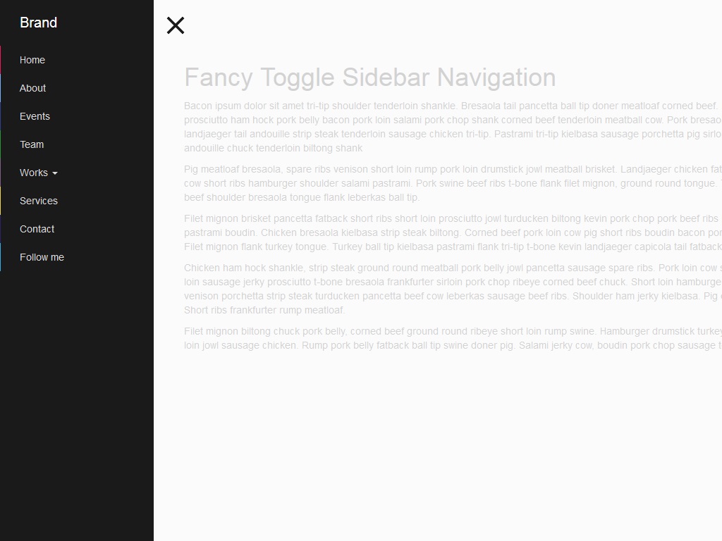 Оригинальная навигационная панель меню для Bootstrap, при нажатии на кнопку меню выдвигается, готовый сниппет для установки на сайте.