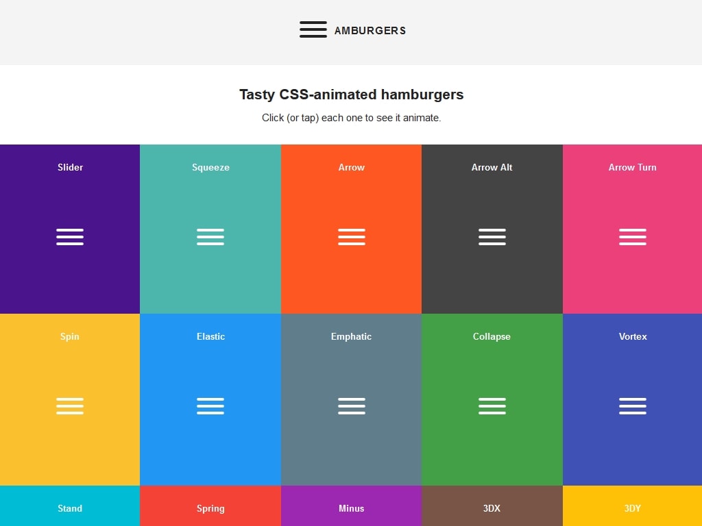 Большая коллекция оригинальных кнопок гамбургеров с изменением состояния при клике, поддержка Sass, бесплатный CSS плагин для сайта.