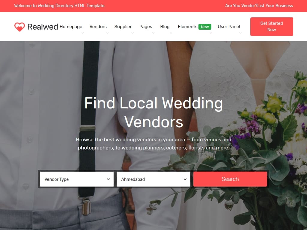 Красивый HTML шаблон с каталогом поставщиков свадебных товаров, который поставляется с функцией планирования свадьбы поставщика и пары.