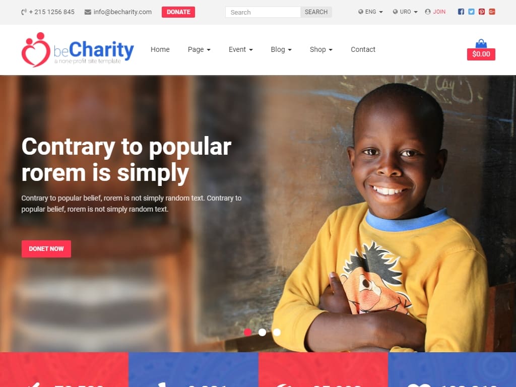 Полностью адаптированный HTML5 шаблон для благотворительности, поставляется с 23 уникальными html файлами и рабочей контактной формой, включая магазин, пожертвование, причину, страницы событий.
