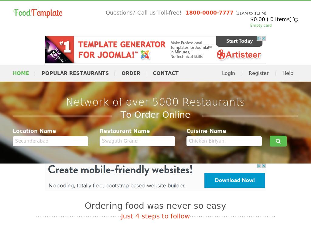 Шаблон магазина Bootstrap 3 для сайта по продаже продуктов, готовые страницы демонстрации пищи и отдельная страница заказа с ценами.