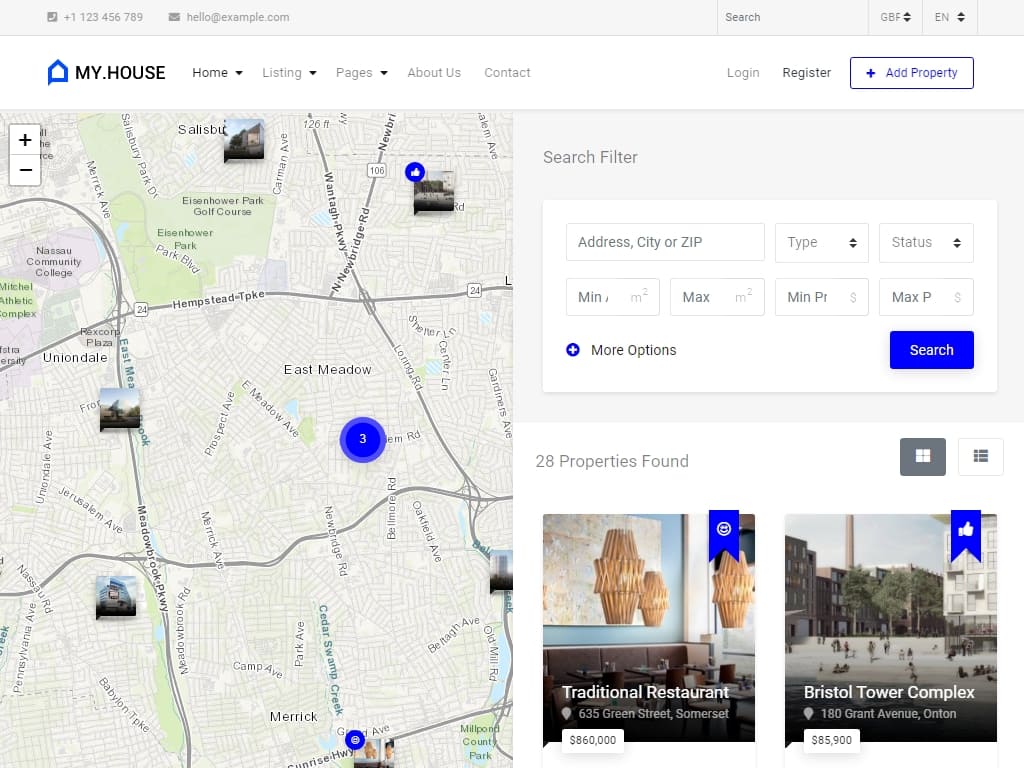 Продвинутый HTML шаблон недвижимости, который поддерживает не только Google Maps, но и 4 бесплатные альтернативы - OpenStreetMap, MapBox, Here Maps и Bing Maps.