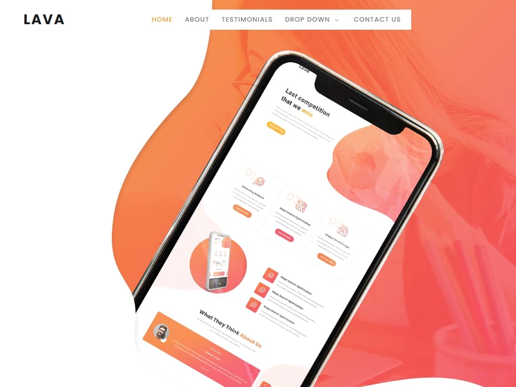 Целевая страница HTML, имеет красивую тему оранжево-розового цвета, поддерживает пункты выпадающего подменю, макет можно расширить в соответствии с потребностями вашего сайта.