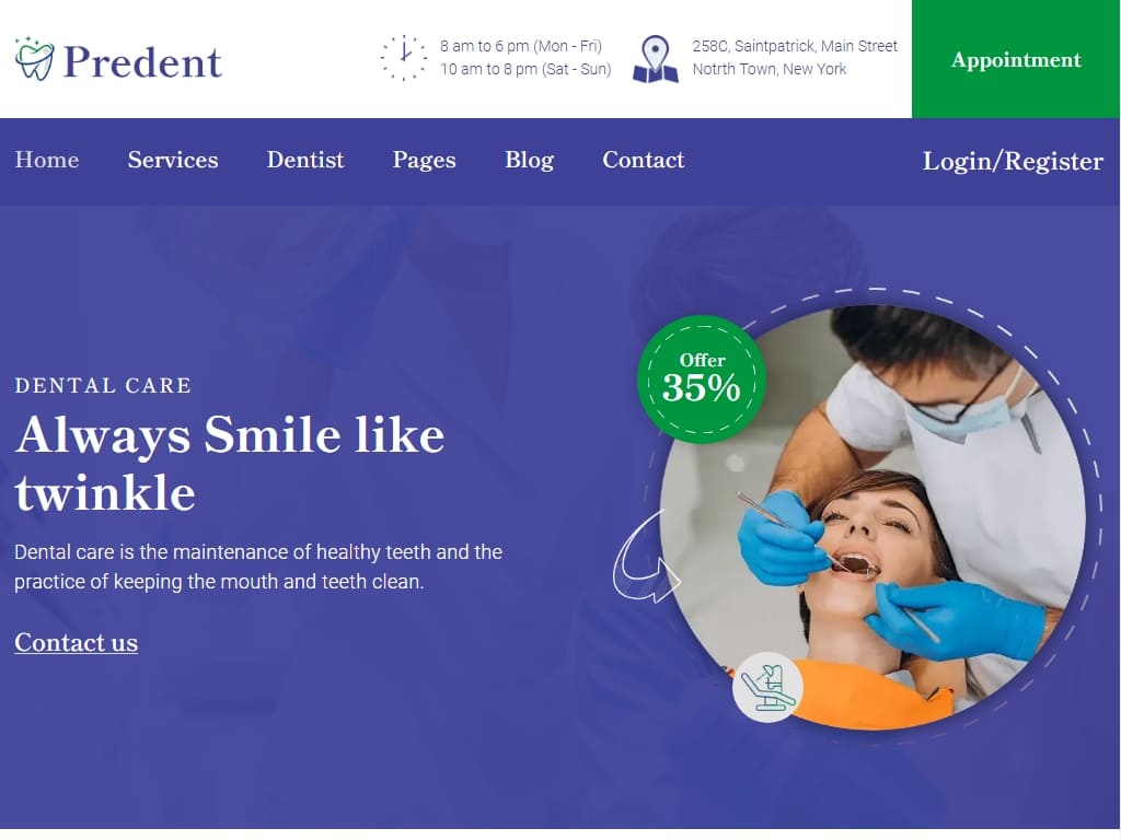 Стоматологические услуги, шаблон на базе HTML5, CSS3 и Bootstrap 5 с чистым дизайном даст вам преимущество перед другими сайтами стоматологической помощи.