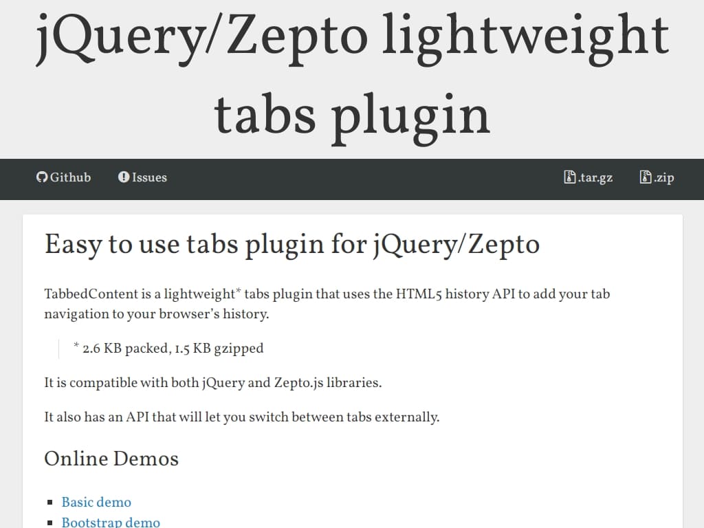 Простой в использовании плагин вкладок для jQuery / Zepto, легкий плагин вкладок, который использует API истории HTML5 для добавления навигации по вкладкам в историю вашего браузера.
