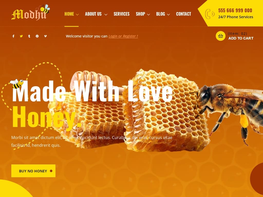 Современная тема, идеально подходящая для всех видов производства меда и сайтов магазинов органических продуктов. Прекрасный ассортимент шаблонов пчеловодства, магазина меда и органических продуктов.