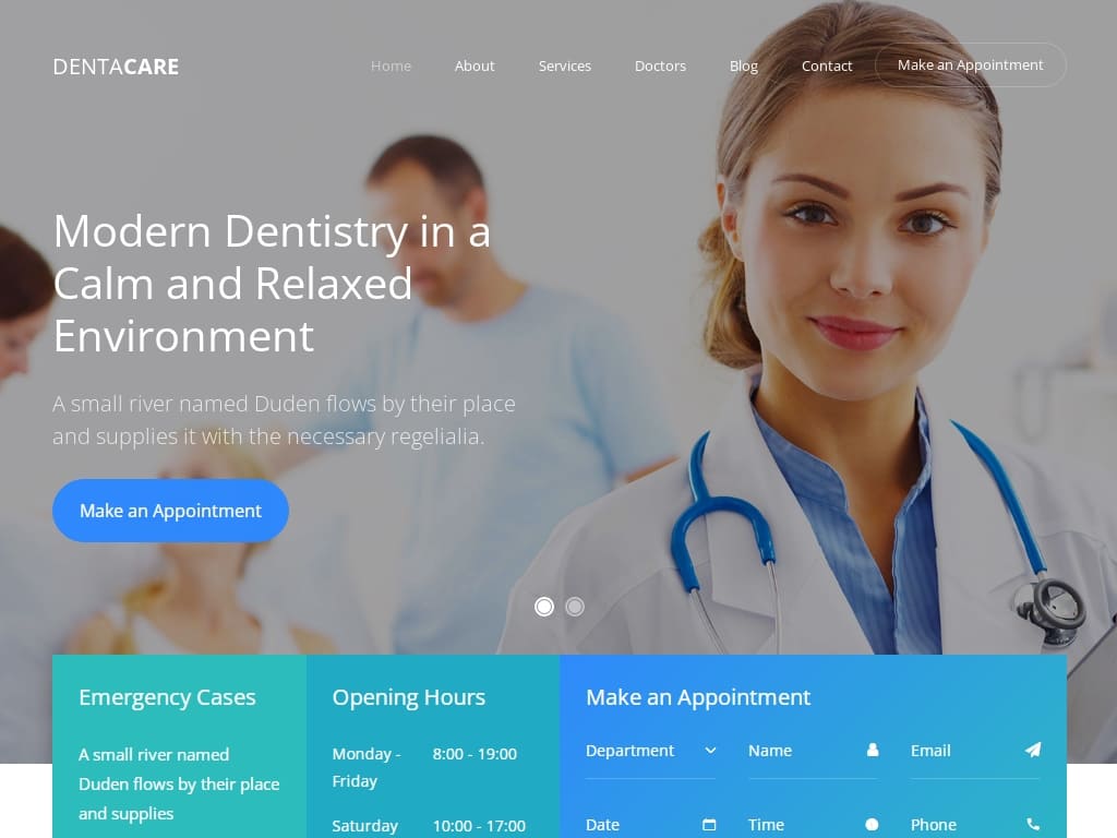 Бесплатный шаблон стоматологического сайта, чистый, минимальный, но информативный и динамичный шаблон. Более того, это многостраничная и отзывчивая платформа для стоматологов.