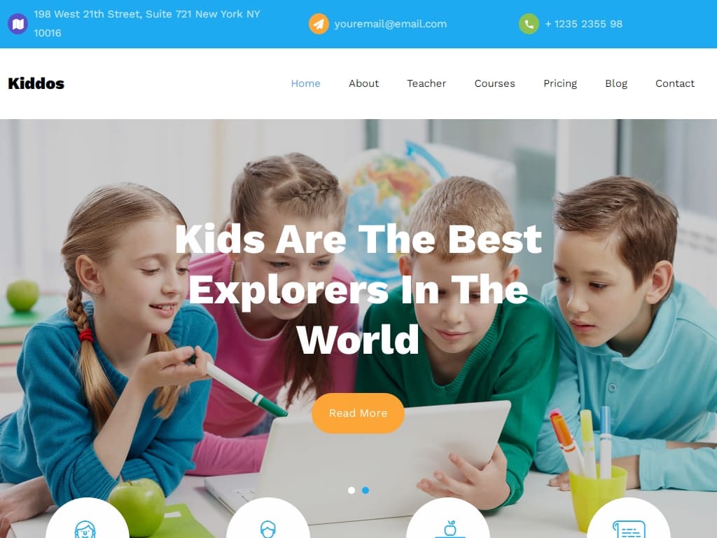 Бесплатный шаблон образовательного сайта, основанный на новейшей платформе Bootstrap 4. Это красочный и привлекательный макет сайта, который подходит сайтов школы, колледжа и детского сада.