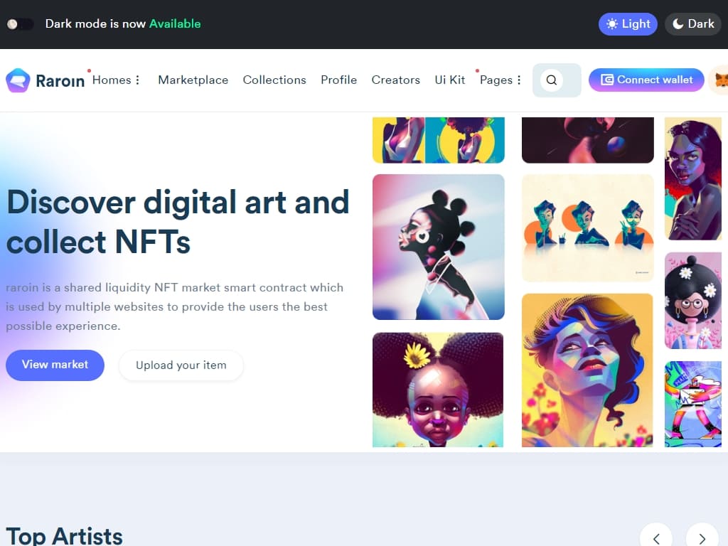 Шаблон платформы NFT Marketplace, поставляется с креативным дизайном, тремя вариантами домашней страницы, различными страницами и элементами исследования и цифровых активов.