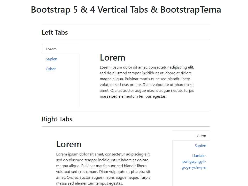 Отзывчивые вертикальные навигационные таб вкладки для Boostrap 5 и Boostrap 4, несколько вариантов табов бутстрап для использования на своём сайте, табы легко настраиваются и состоят из CSS файла.