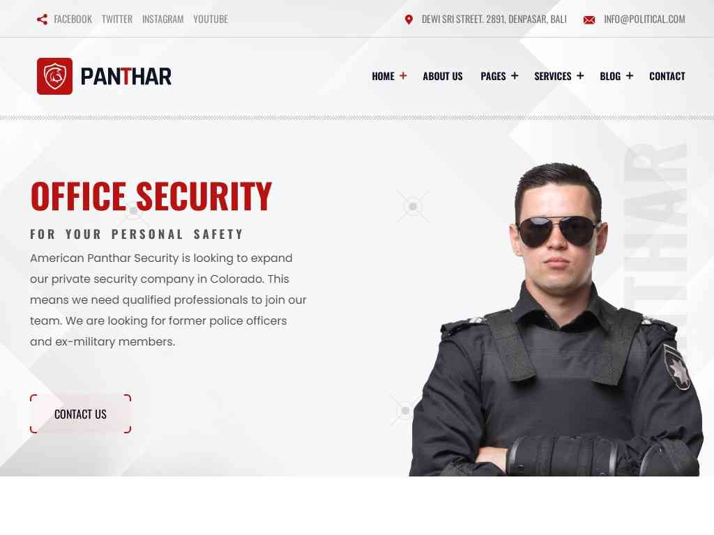 Шаблон для сайта профессионального охранного агентства. Вы можете создать сайт для компаний, предоставляющих услуги безопасности, телохранителей и охраны, с профессиональным подходом.