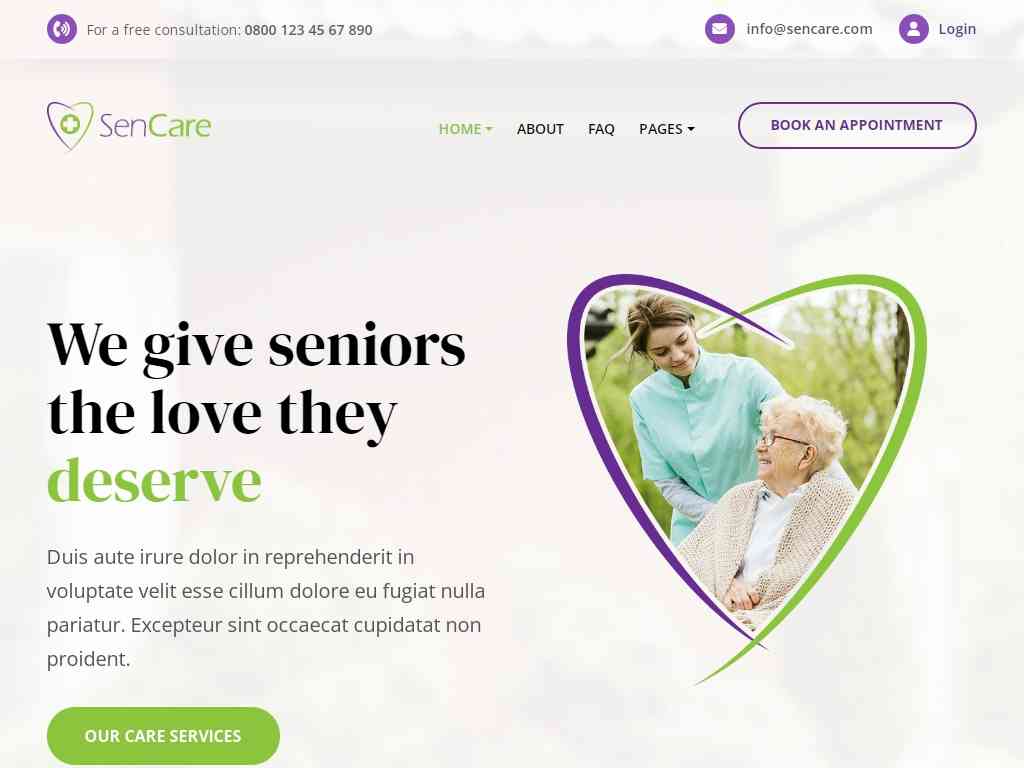 HTML шаблон для сайта дома престарелых и уход за престарелыми, представляет собой пакет индивидуального дизайна, разработанный для некоммерческих предприятий социальных тематик.