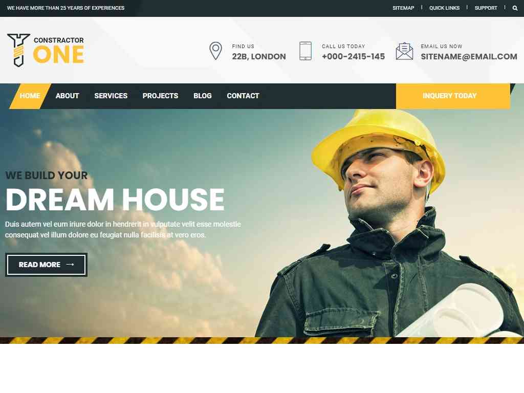 Строительство и ремонт дома, HTML шаблон для сайта строительной бригады или организации. Шаблон полностью адаптивный и многостраничный, используйте для бизнеса в области ремонта.
