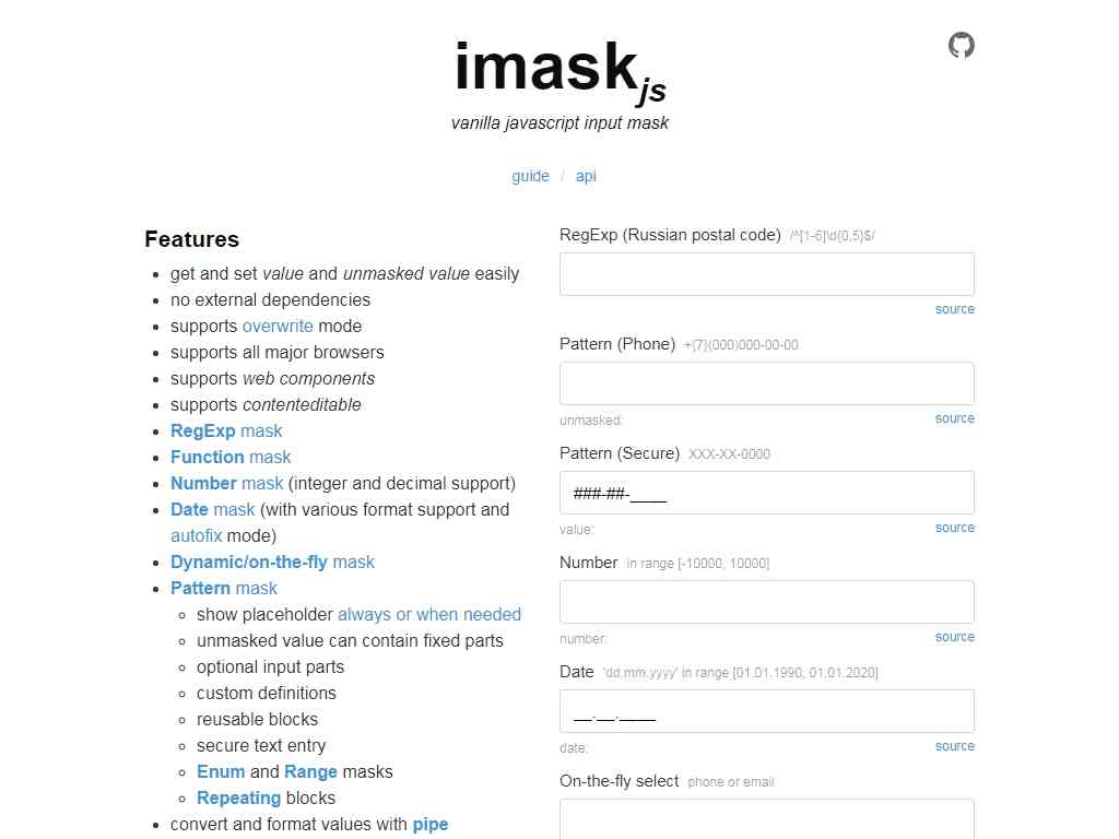 Ванильная маска ввода INPUT на JavaScript, нет внешних зависимостей, легко получать и устанавливать необработанные и немаскированные значения, поддержка: Angular, Vue, React, Svelte и Bootstrap.