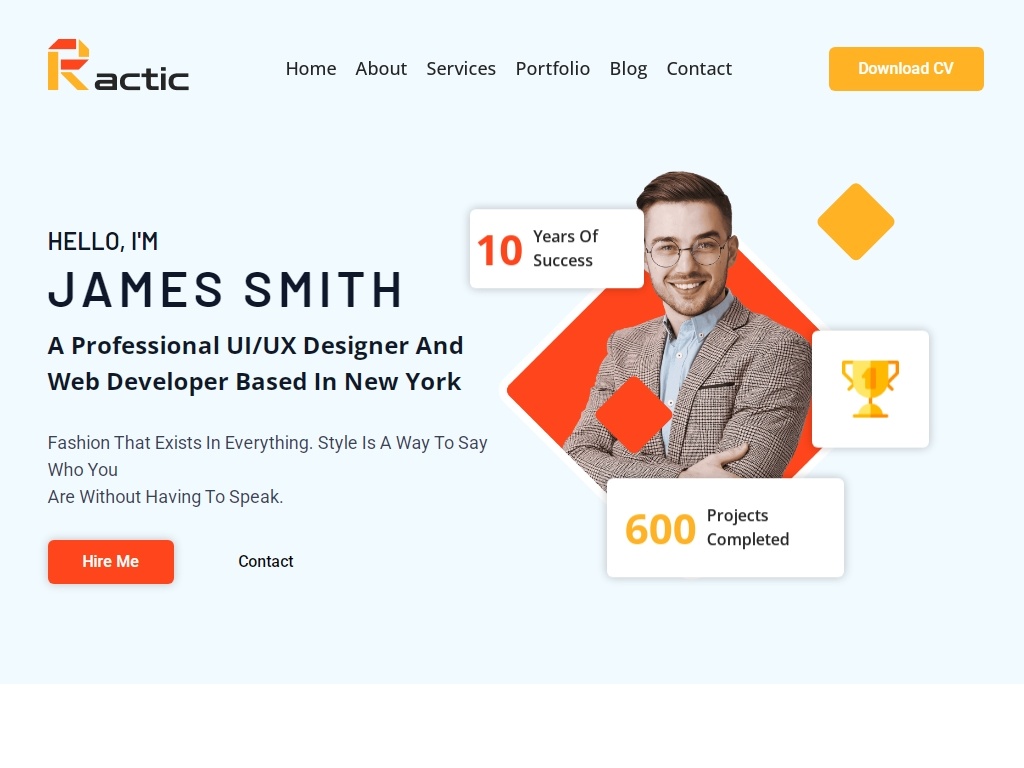 Адаптивный HTML шаблон для сайта демонстрации вашего портфолио и личной информации. В этом шаблоне мы использовали технологии, такие как HTML5, CSS3, Bootstrap 5 и современные плагины jQuery.