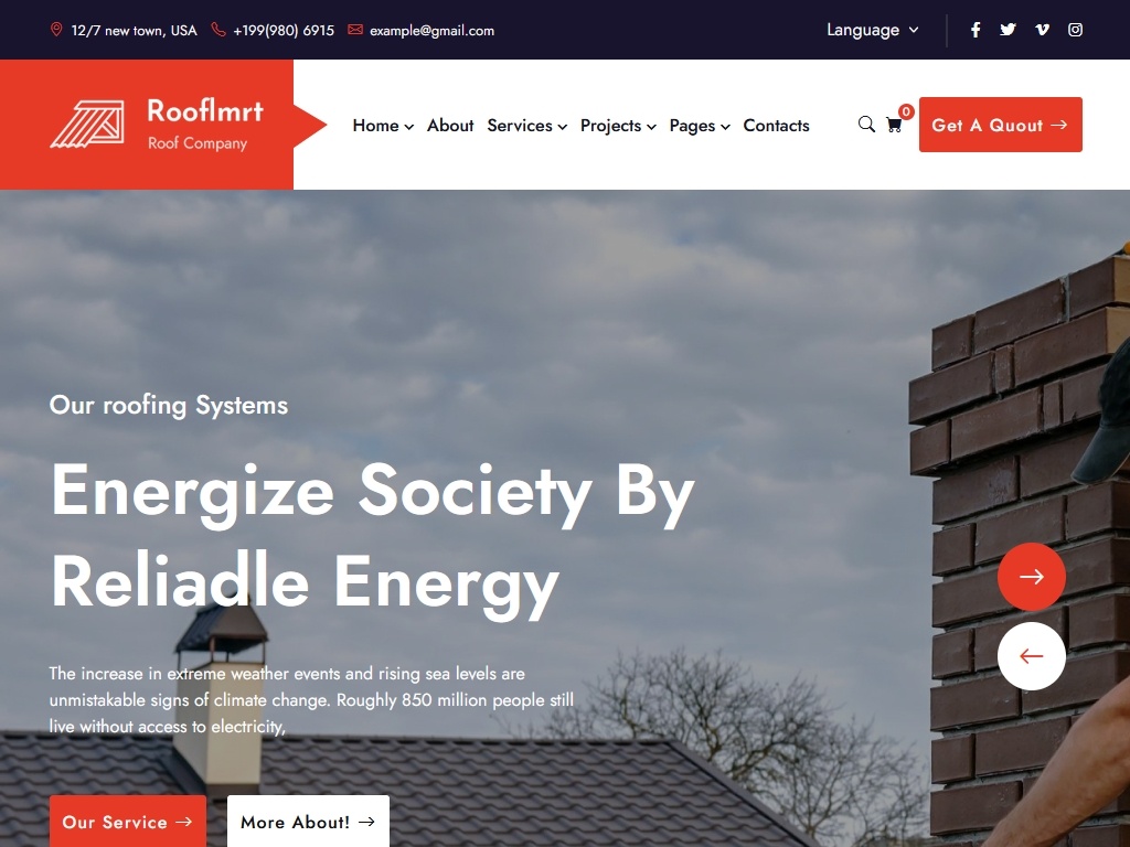 Этот шаблон предлагает профессиональный макет, который эффективно демонстрирует преимущества и возможности кровельных услуг, обеспечивает совместимость с различными устройствами и браузерами.