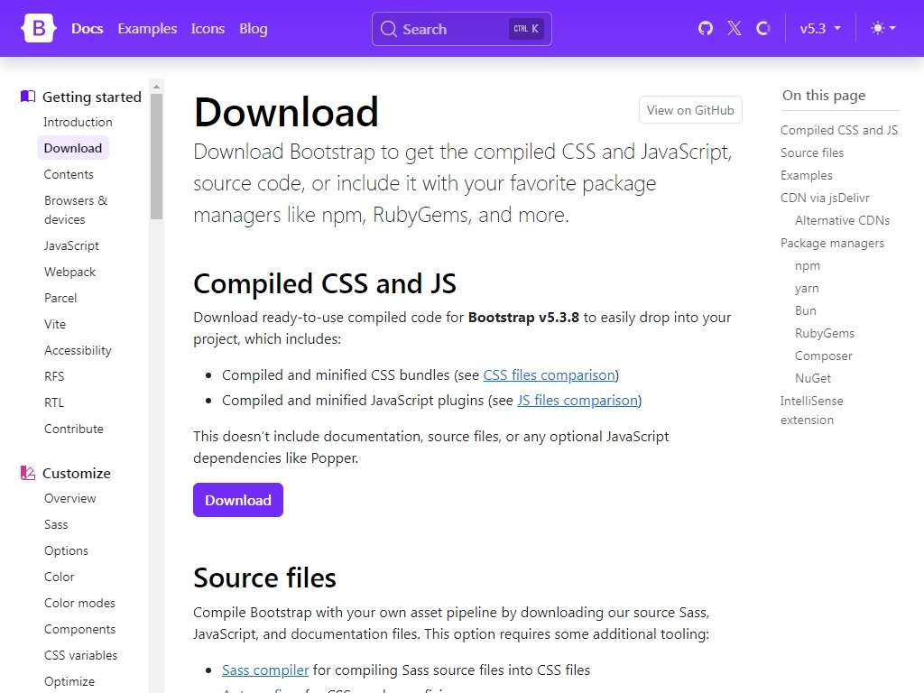Подключение готовых CSS и JavaScript из Bootstrap v5.3.8 через CDN без необходимости каких либо этапов сборки. Загрузите Bootstrap v5.3.8, чтобы получить скомпилированные CSS и JavaScript.