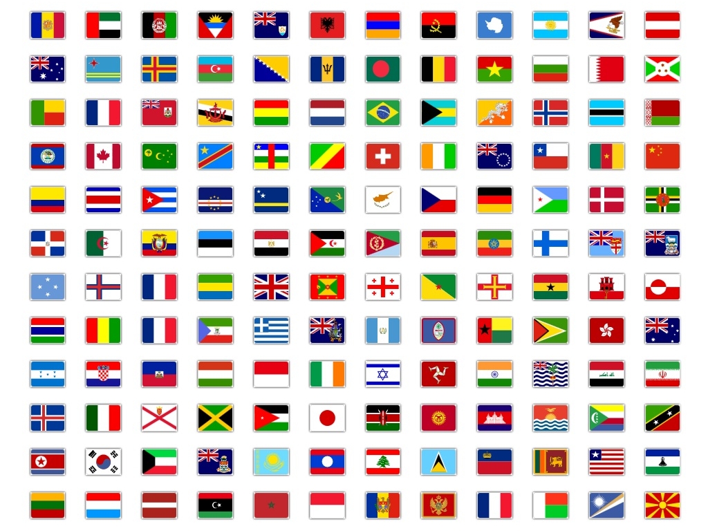Флажки 250 стран, соответствующие ISO 3166-1 подключенные через файл стилей CSS, готовый пример для использования в вёрстке Bootstrap.