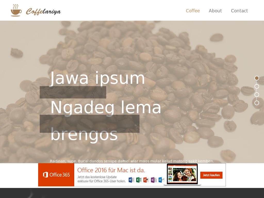 Рекламный одностраничный Bootstrap 3 шаблон для сайта, предполагается размещение общей информации о бренде, кофе для примера.